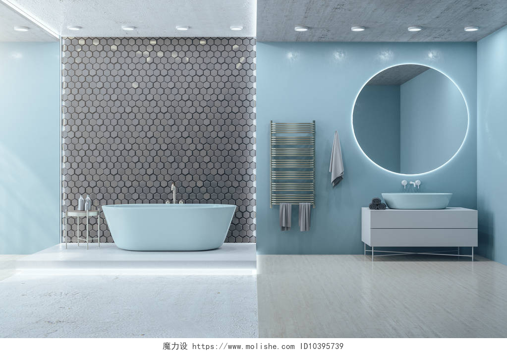现代风浴室景观现代阁楼浴室与蓝色墙壁，舒适的白色浴缸和自我护理产品。3d渲染